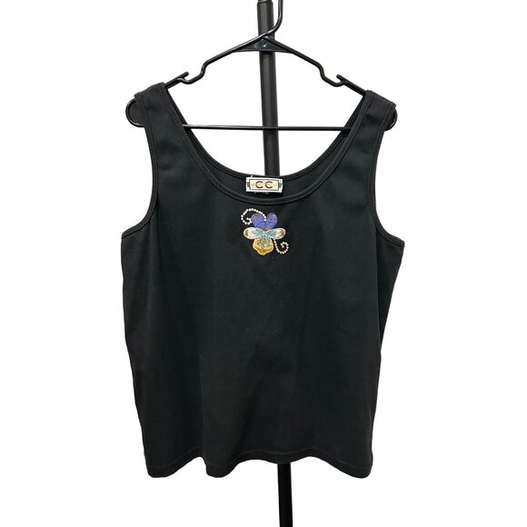 CC Sportswear Black Tank Top With Embroidered Flower Design - Picture 1 of 7
